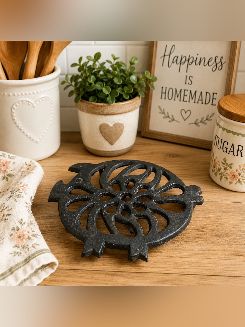 Vintage Cast Iron Pig Trivet Flower Cut Out Farmhouse Cottagecore AS IS